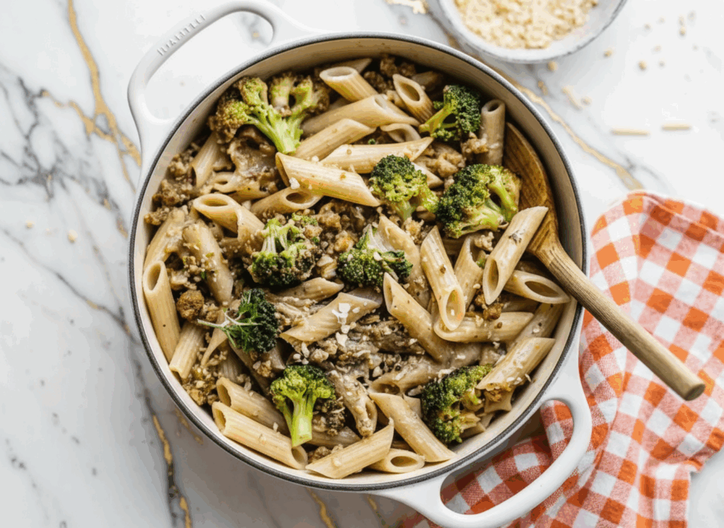 Sausage and Broccoli Pasta served in a white bowl with parmesan cheese and garlic sauce coating penne noodles
