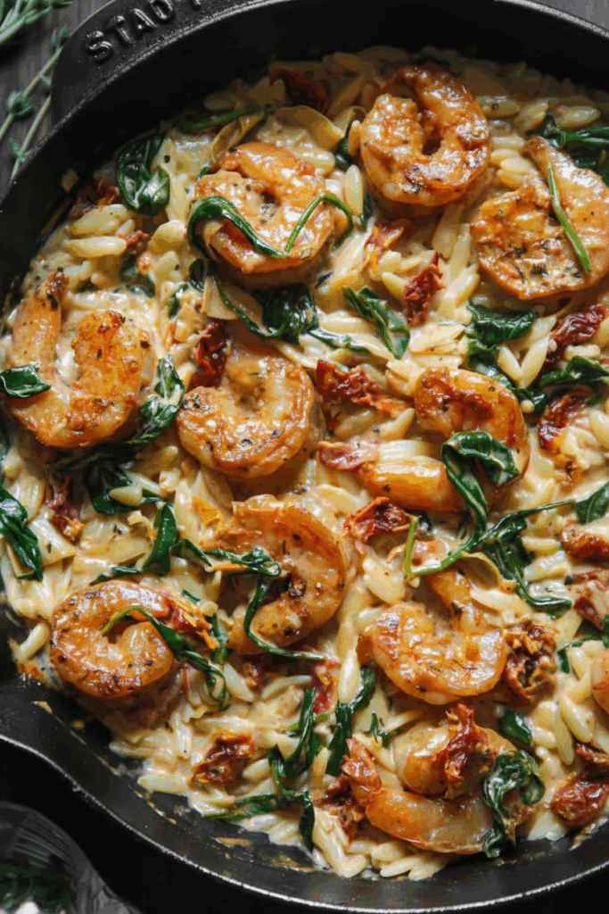 Shrimp Orzo Recipe with succulent pink shrimp, tender orzo pasta, fresh parsley and lemon wedges in white bowl