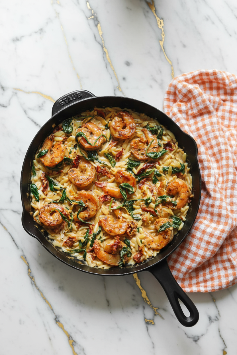 Shrimp Orzo Recipe with succulent pink shrimp, tender orzo pasta, fresh parsley and lemon wedges in white bowl