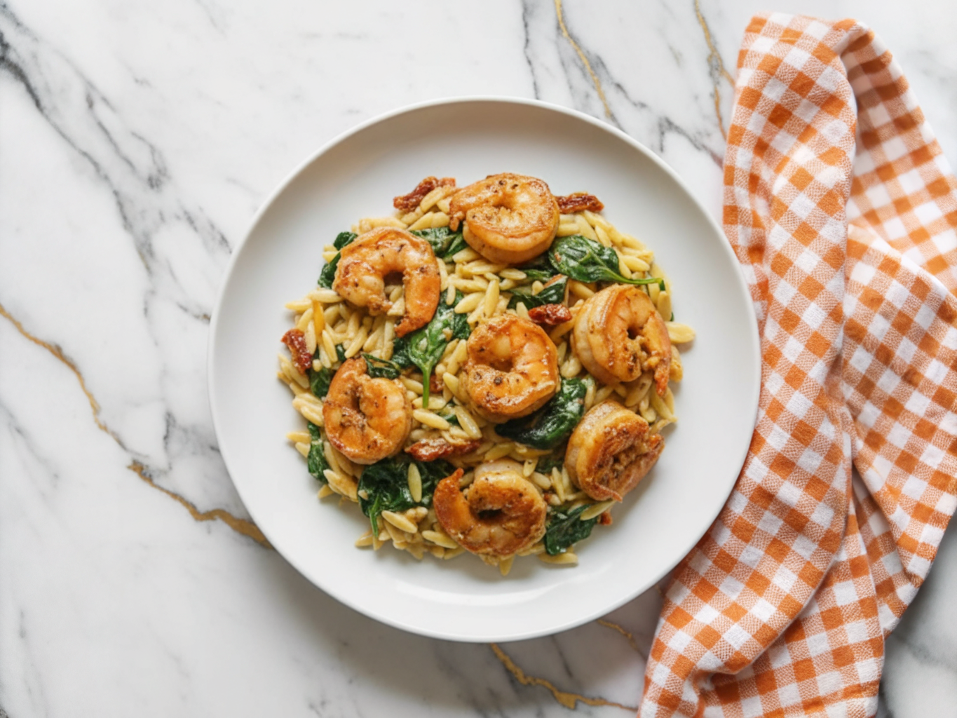 Shrimp Orzo Recipe with succulent pink shrimp, tender orzo pasta, fresh parsley and lemon wedges in white bowl