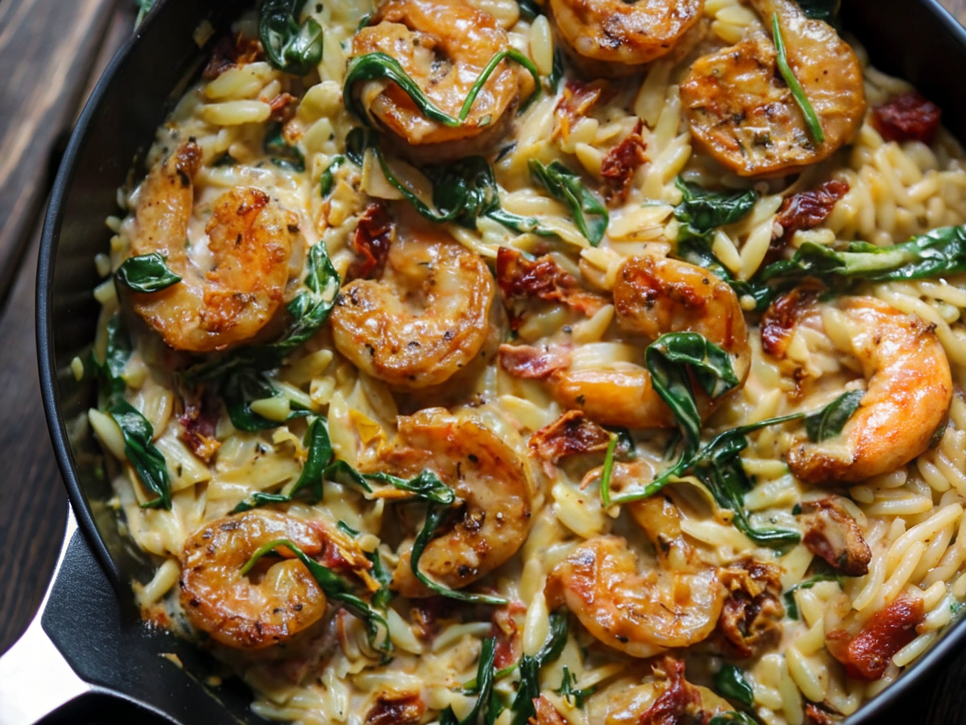 Shrimp Orzo Recipe with succulent pink shrimp, tender orzo pasta, fresh parsley and lemon wedges in white bowl