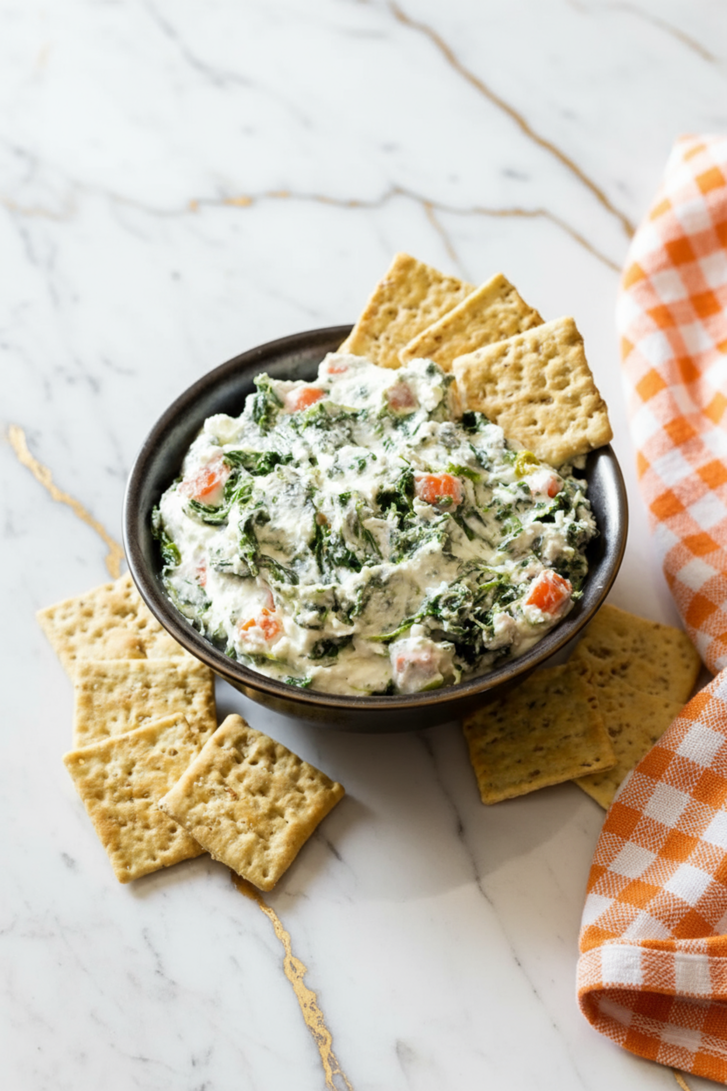 Creamy Spinach Ranch Dip served in a bowl with fresh vegetables and crackers arranged around it