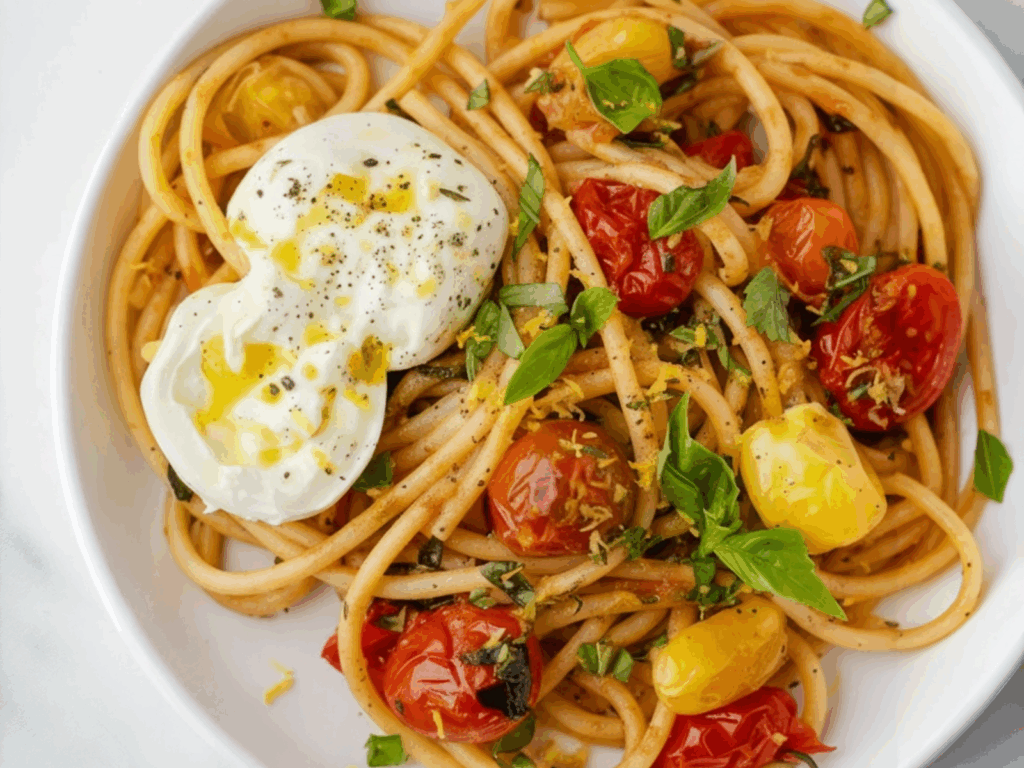 Tomato Basil Pasta served in white bowl garnished with fresh basil leaves and parmesan cheese