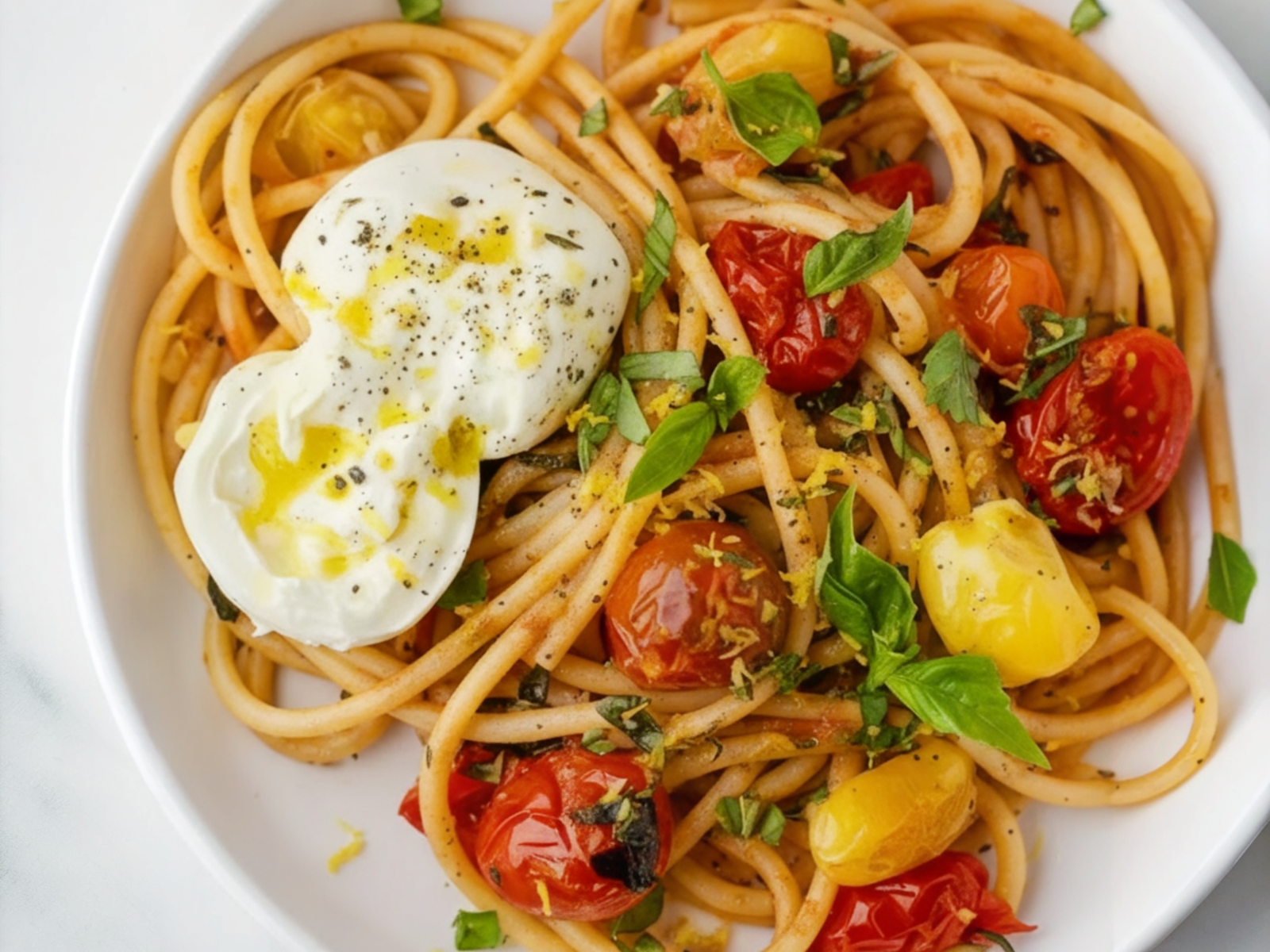 Tomato Basil Pasta served in white bowl garnished with fresh basil leaves and parmesan cheese