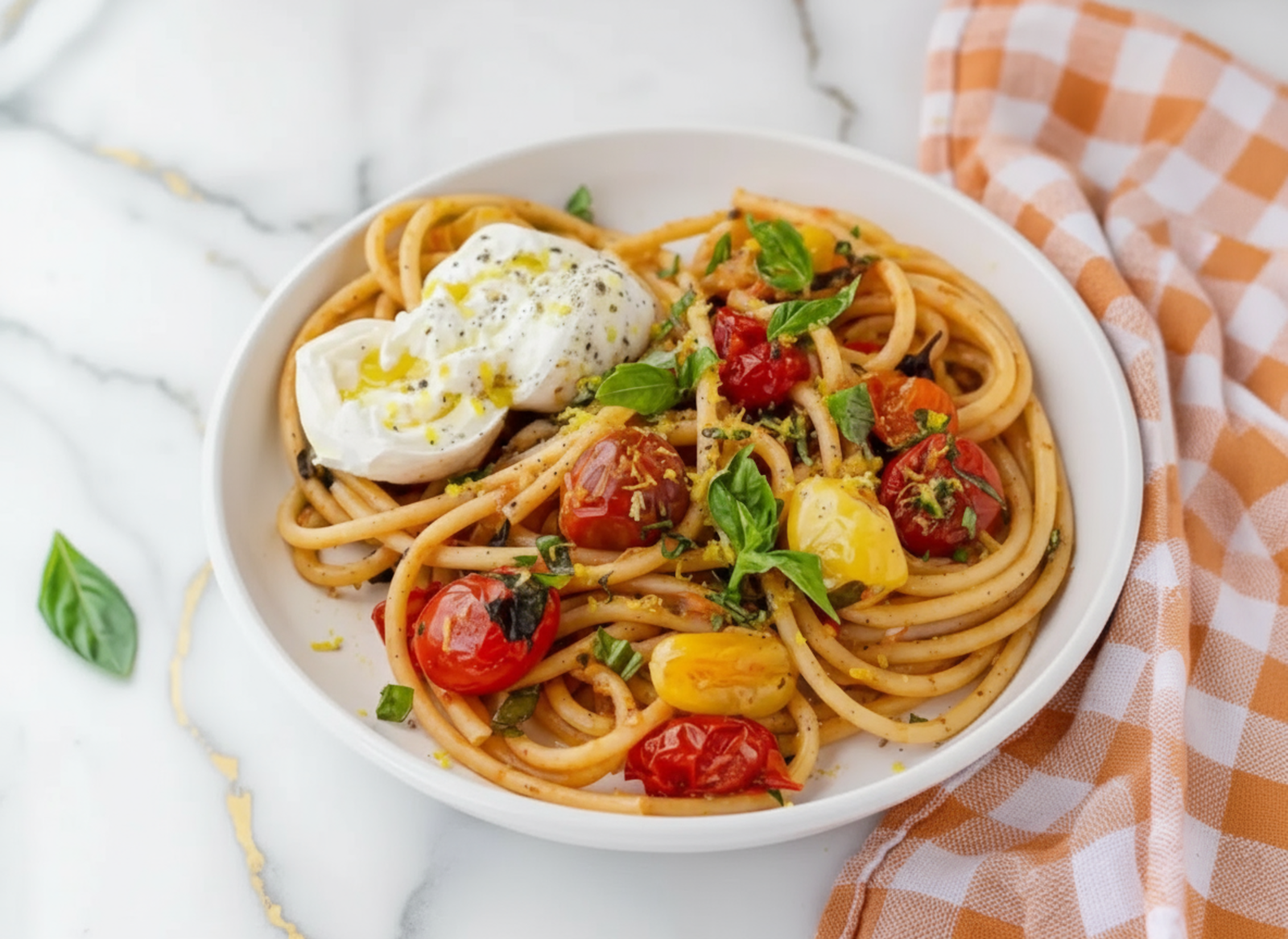 Tomato Basil Pasta served in white bowl garnished with fresh basil leaves and parmesan cheese