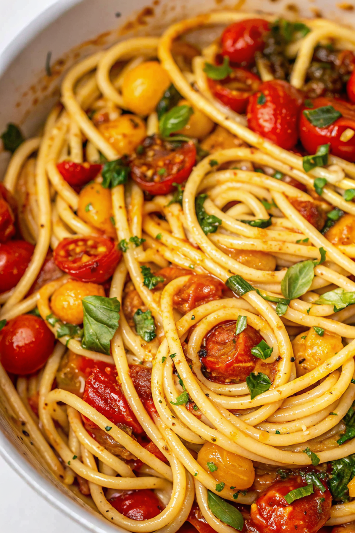 Tomato Basil Pasta served in white bowl garnished with fresh basil leaves and parmesan cheese