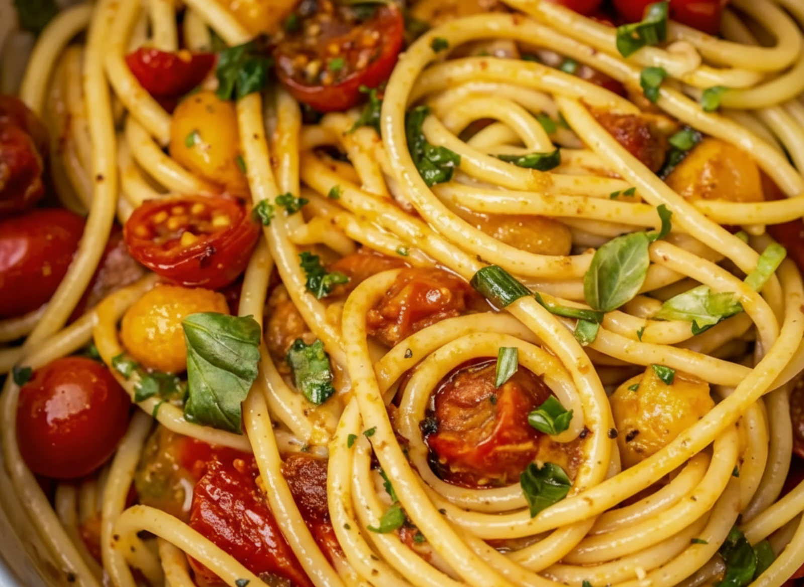 Tomato Basil Pasta served in white bowl garnished with fresh basil leaves and parmesan cheese