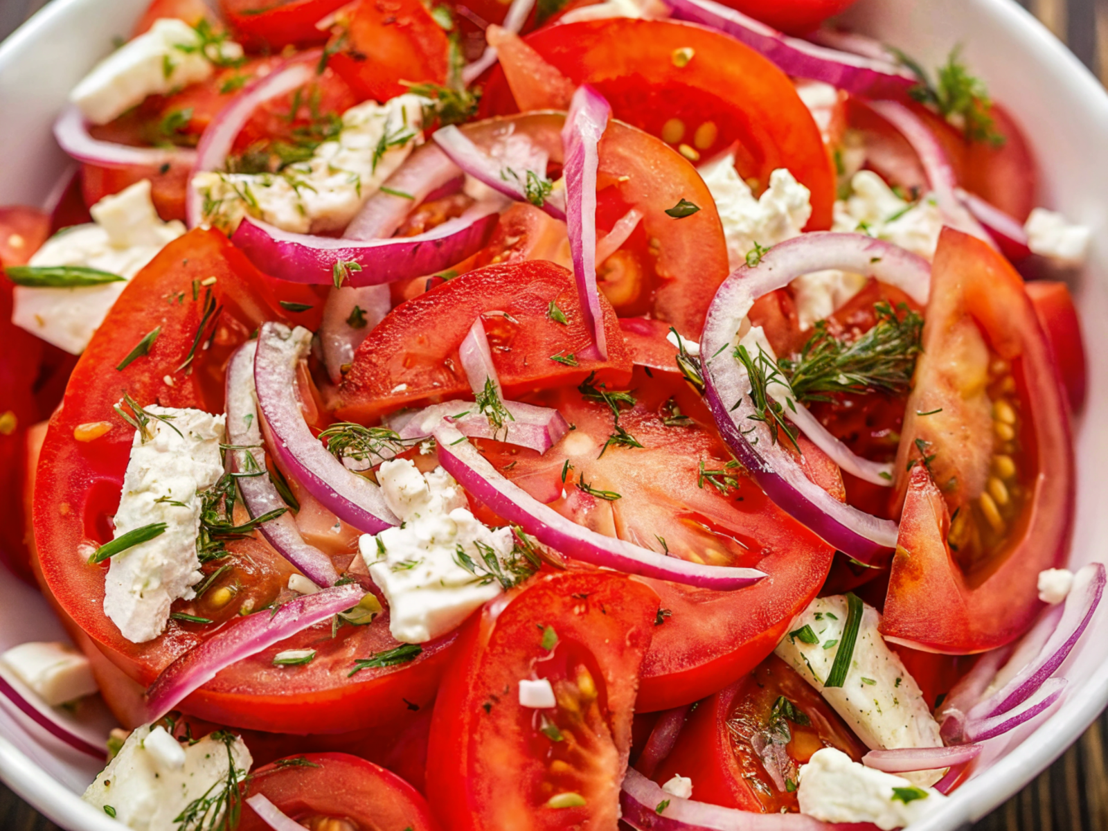 Tomato Salad with fresh cherry tomatoes, basil leaves, and dressing in a white bowl