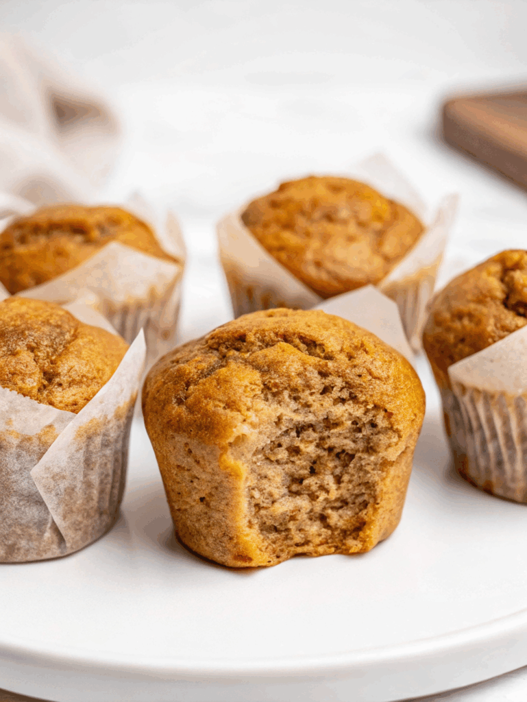 Banana Cottage Cheese Muffins with golden tops arranged on a white plate with fresh banana slices
