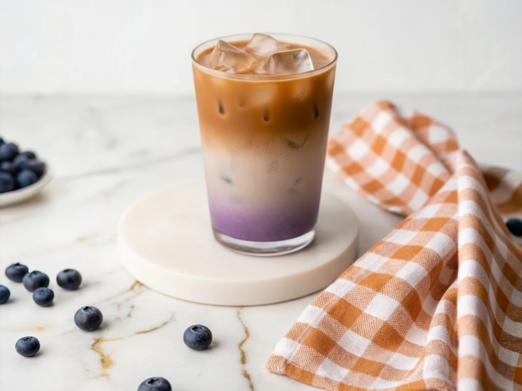 Creamy blueberry latte topped with foam and fresh blueberries in a glass mug on a wooden table