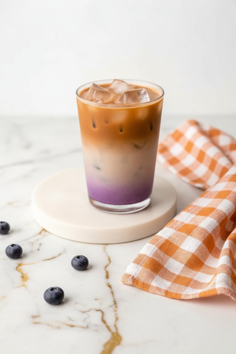 Creamy blueberry latte topped with foam and fresh blueberries in a glass mug on a wooden table