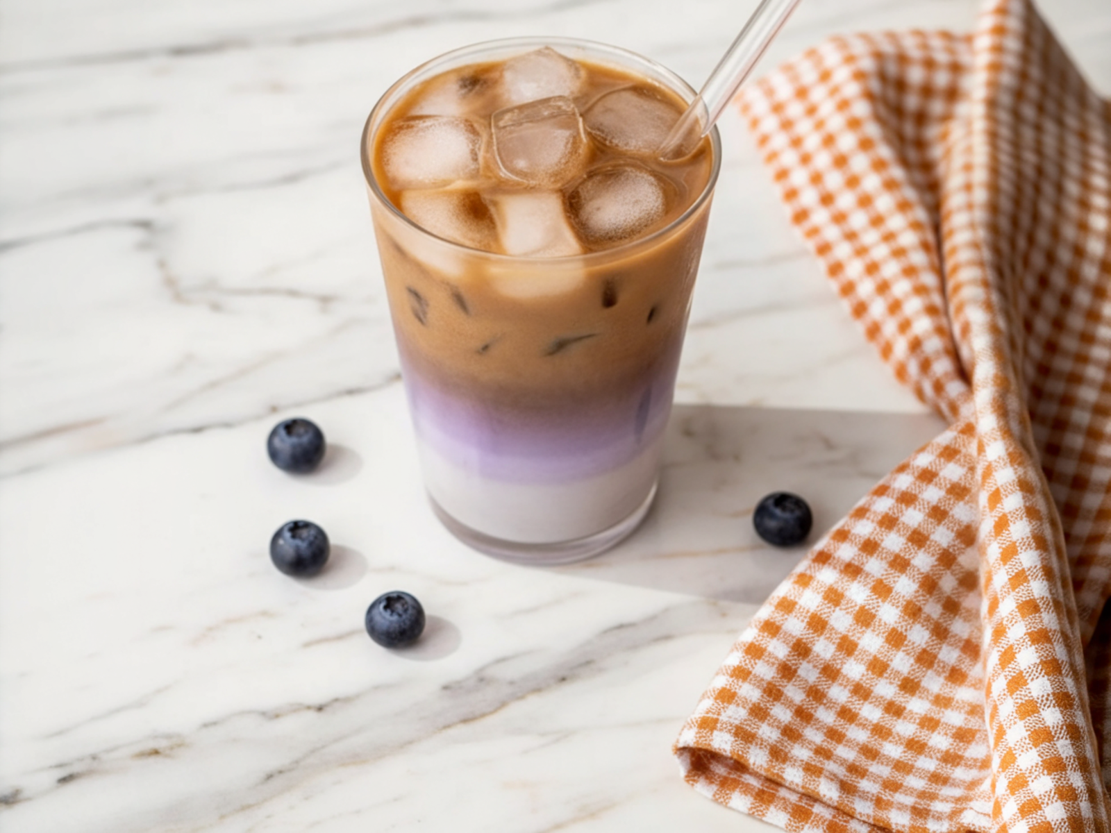 Creamy blueberry latte topped with foam and fresh blueberries in a glass mug on a wooden table