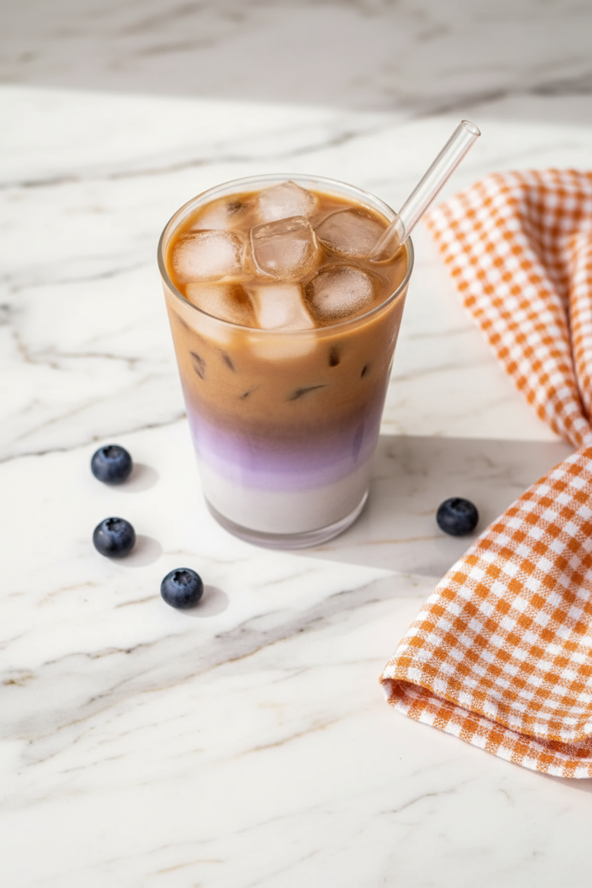 Creamy blueberry latte topped with foam and fresh blueberries in a glass mug on a wooden table
