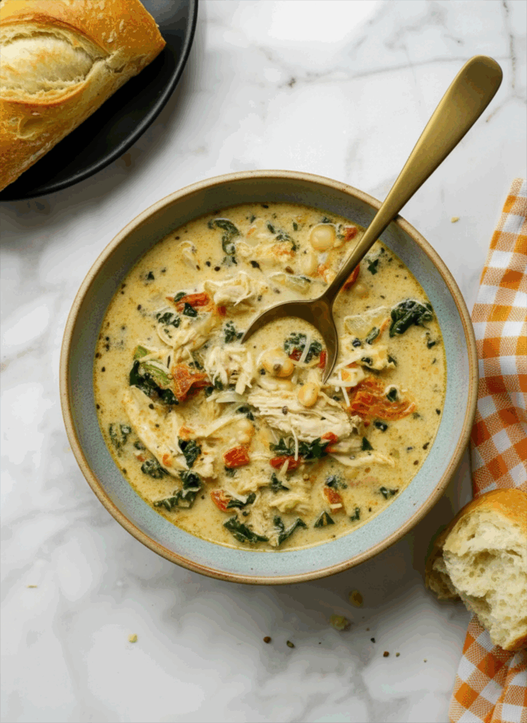Bowl of creamy tuscan chicken soup with spinach, sun-dried tomatoes, and tender chicken pieces garnished with fresh herbs