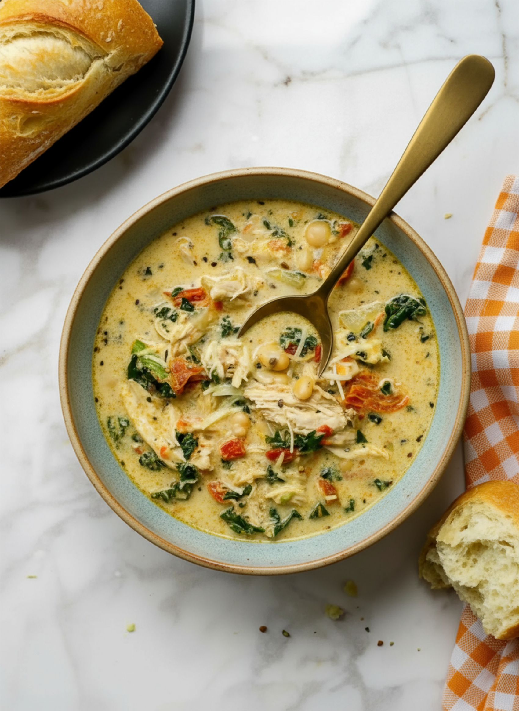 Bowl of creamy tuscan chicken soup with spinach, sun-dried tomatoes, and tender chicken pieces garnished with fresh herbs