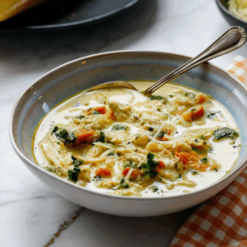 Bowl of creamy tuscan chicken soup with spinach, sun-dried tomatoes, and tender chicken pieces garnished with fresh herbs