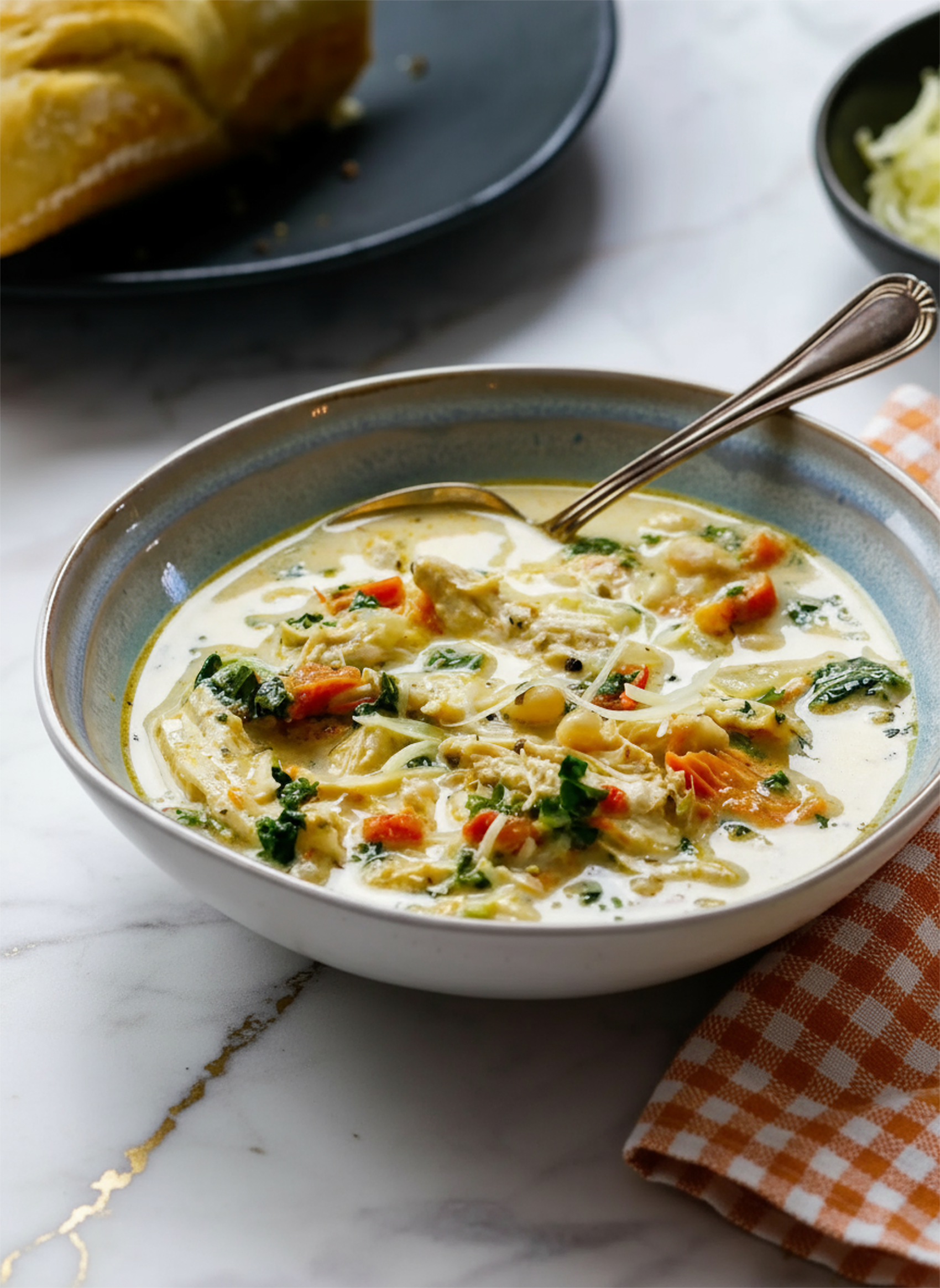 Bowl of creamy tuscan chicken soup with spinach, sun-dried tomatoes, and tender chicken pieces garnished with fresh herbs