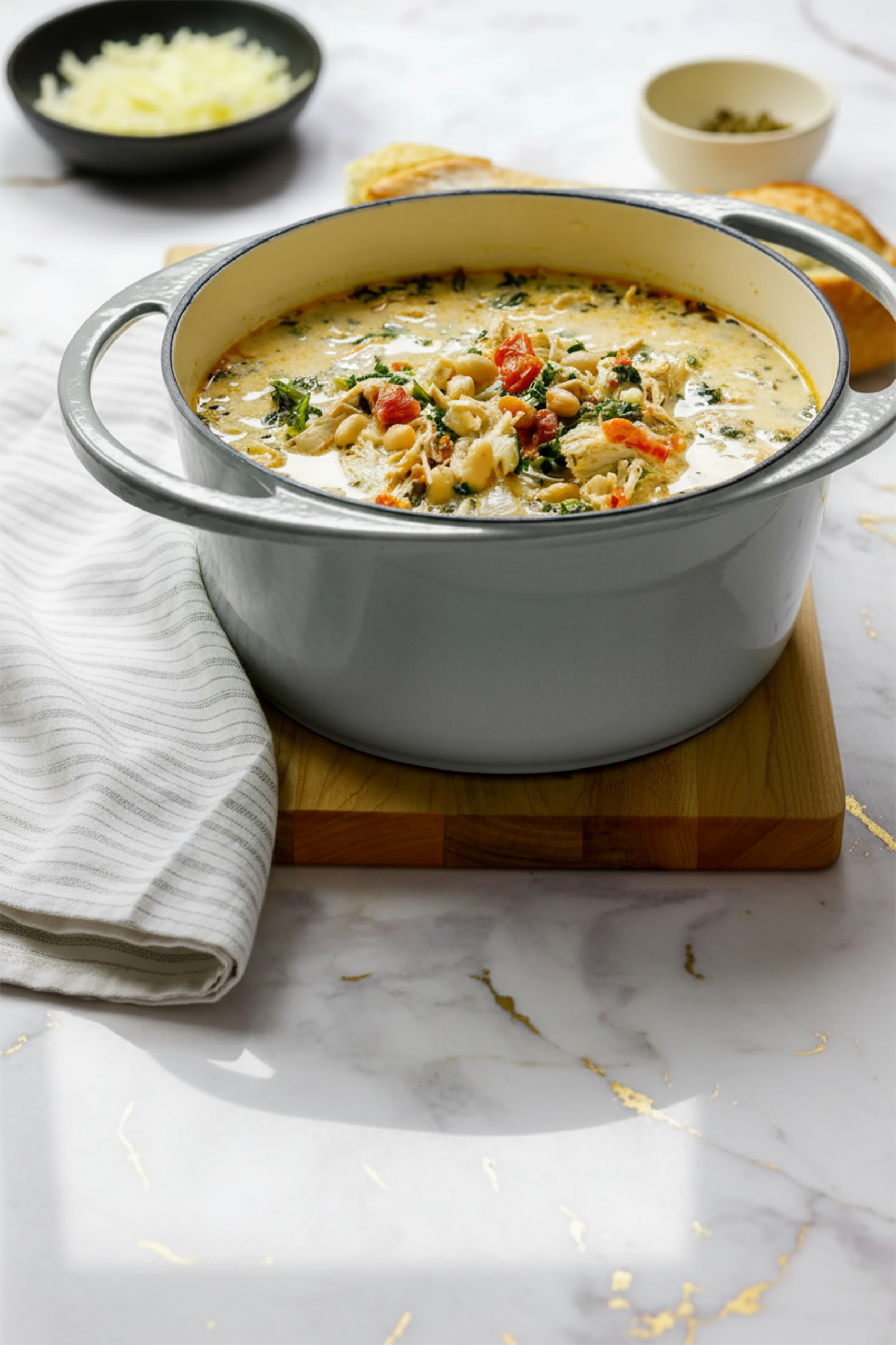 Bowl of creamy tuscan chicken soup with spinach, sun-dried tomatoes, and tender chicken pieces garnished with fresh herbs