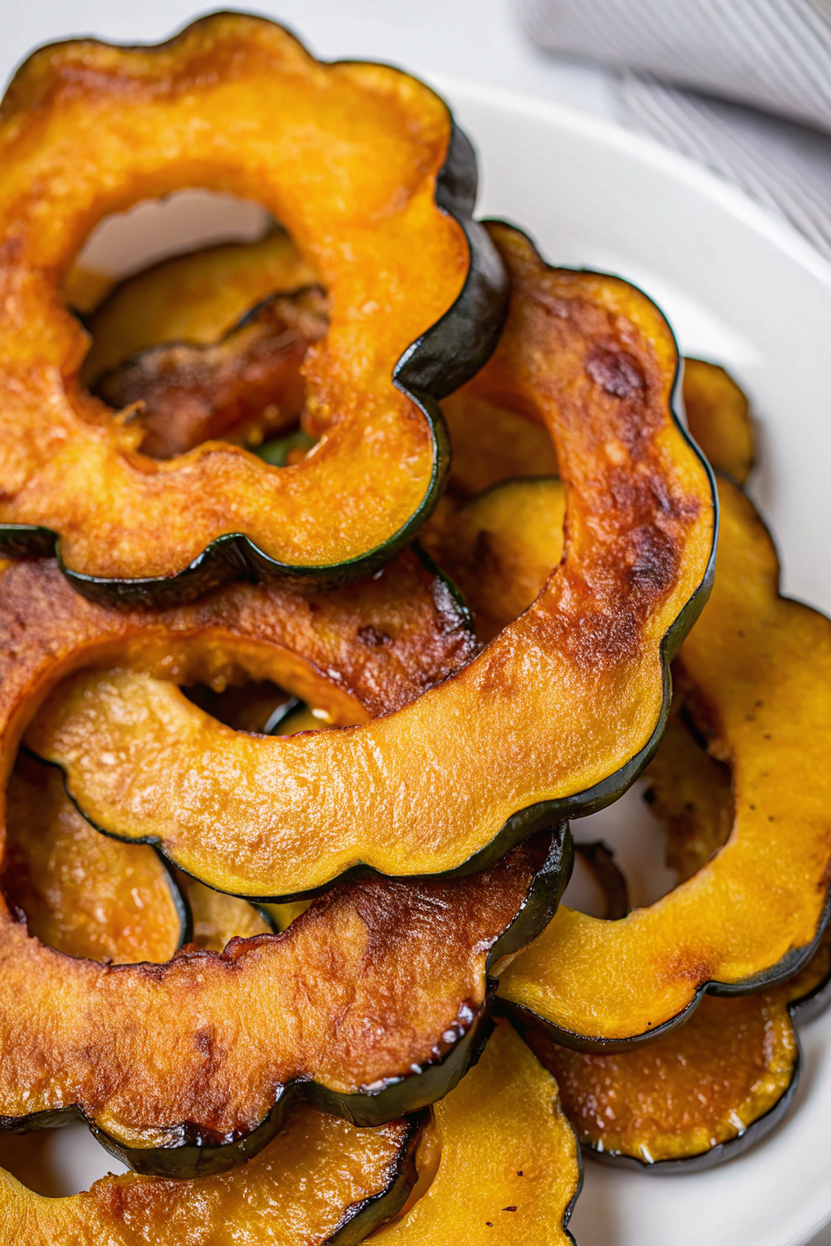 Maple Roasted Acorn Squash halves with caramelized glaze on white serving platter