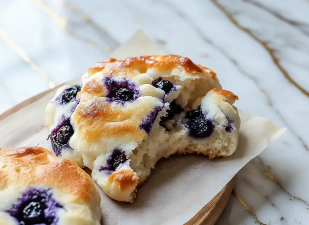 Fluffy blueberry cottage cheese cloud bread stacked on a white plate with fresh berries scattered around