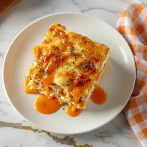 Buffalo chicken lasagna with a ranch twist showing cheesy layers with spicy chicken and creamy ranch drizzle on a white plate