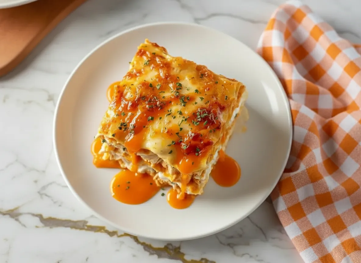 Buffalo chicken lasagna with a ranch twist showing cheesy layers with spicy chicken and creamy ranch drizzle on a white plate