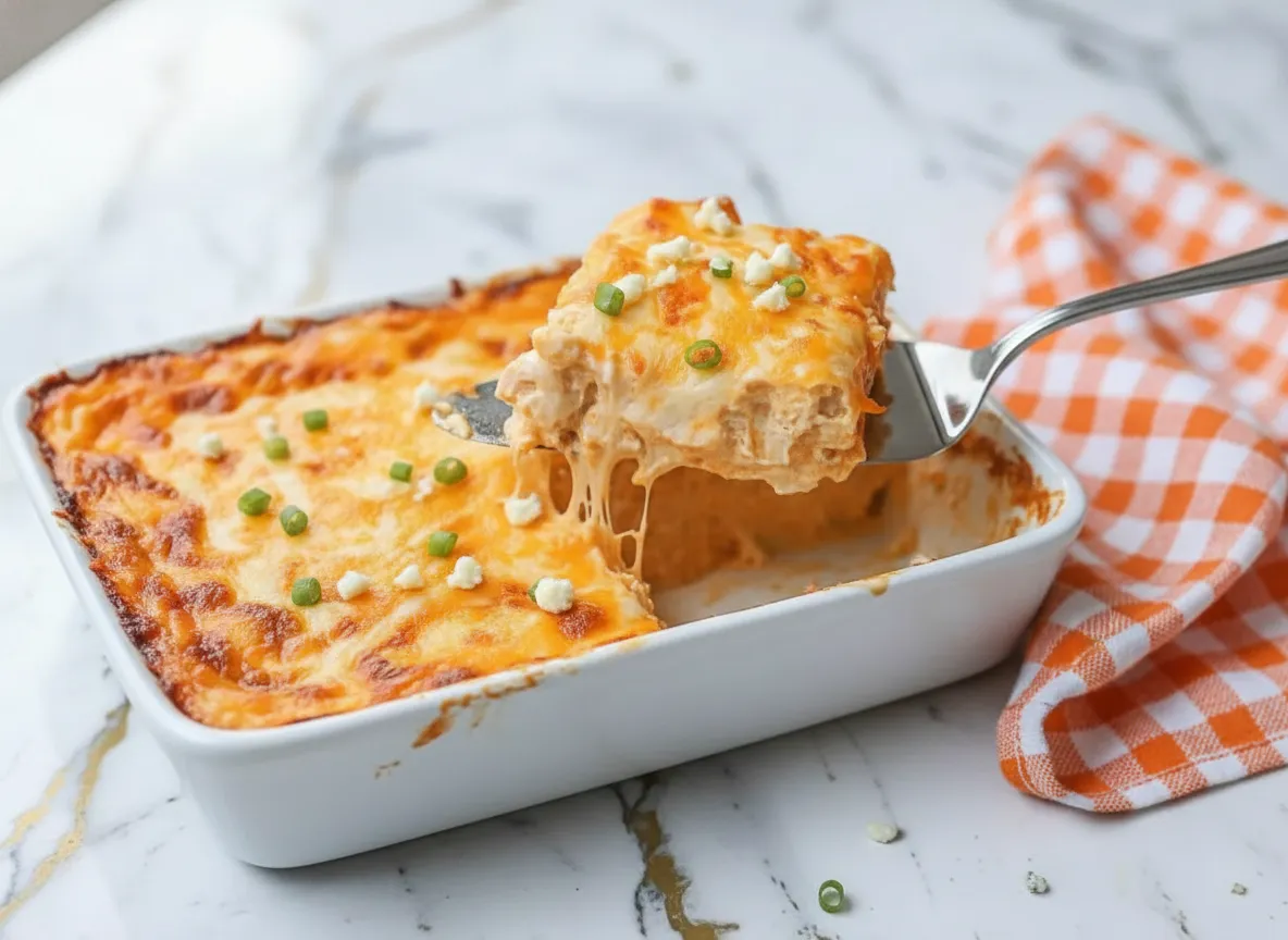 Buffalo chicken lasagna with a ranch twist showing cheesy layers with spicy chicken and creamy ranch drizzle on a white plate