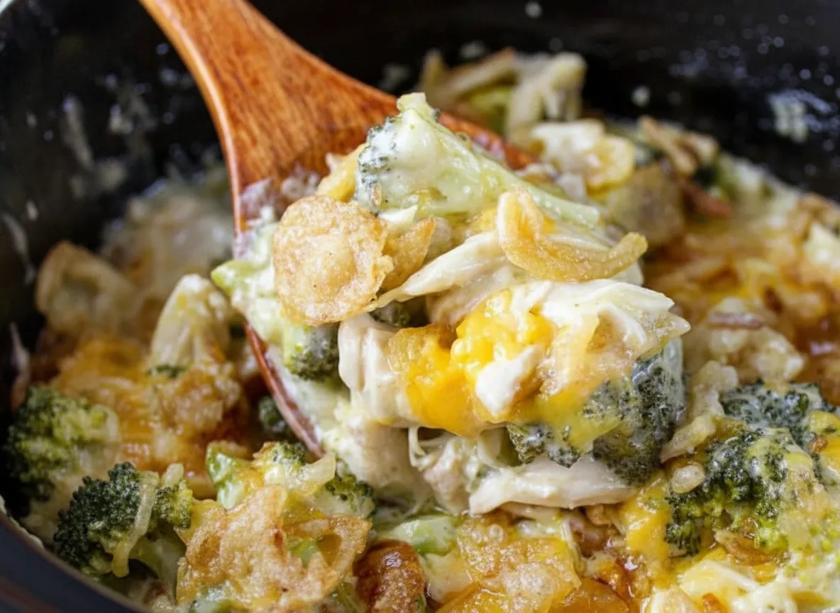 Creamy chicken divan crock pot with tender broccoli florets and melted cheese sauce ready to serve