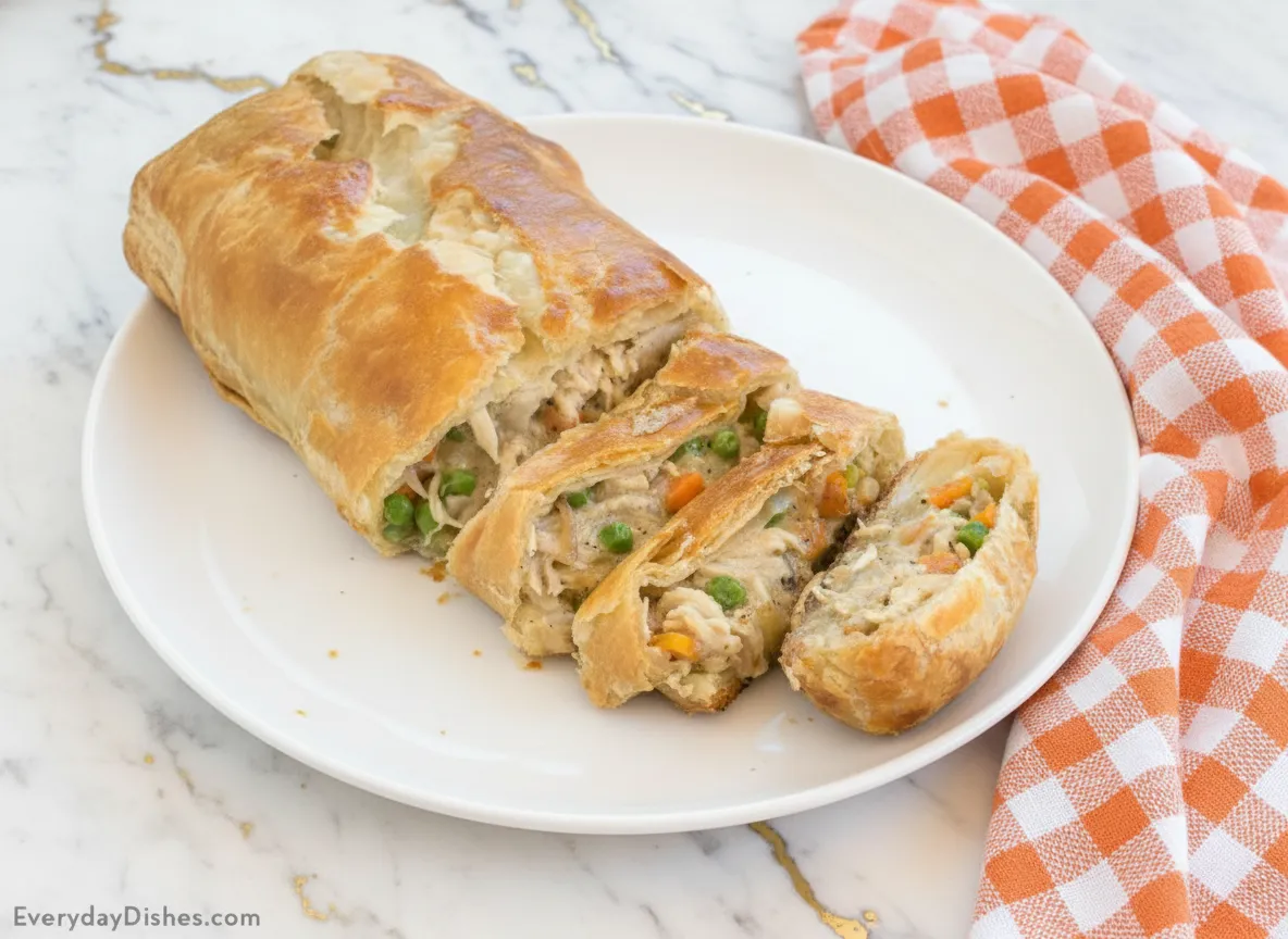 Golden brown chicken pot pie stromboli sliced on wooden board showing creamy filling with vegetables and tender chicken