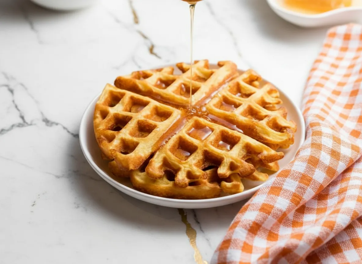 Golden brown cottage cheese chaffle on a plate with butter and fresh berries on top