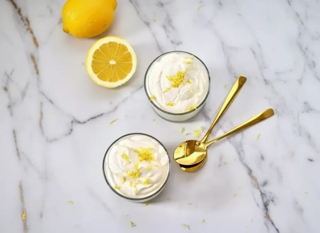 Cottage cheese lemon freezy served in a bowl with fresh lemon slices and mint garnish