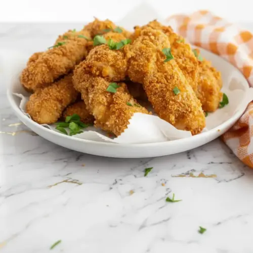 Golden crack chicken tenders ritz crackers with crispy coating on white plate ready to serve
