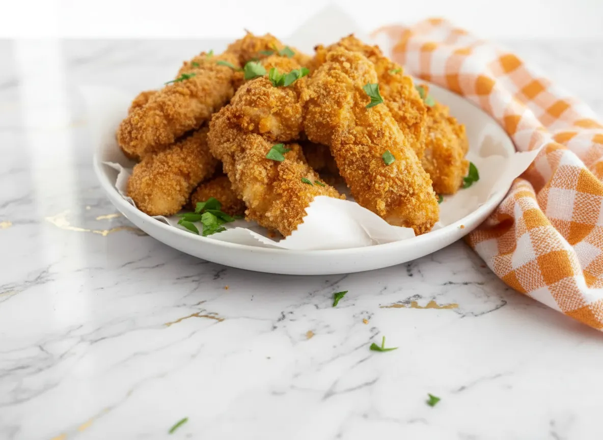 Golden crack chicken tenders ritz crackers with crispy coating on white plate ready to serve