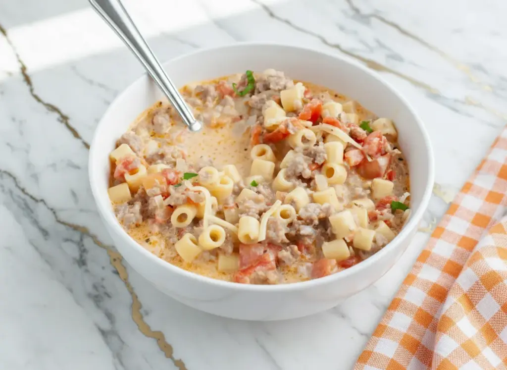 Bowl of creamy parmesan italian sausage ditalini soup with pasta, sausage pieces, and melted cheese in rich broth