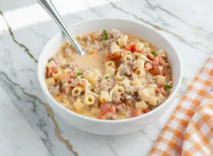 Bowl of creamy parmesan italian sausage ditalini soup with pasta, sausage pieces, and melted cheese in rich broth