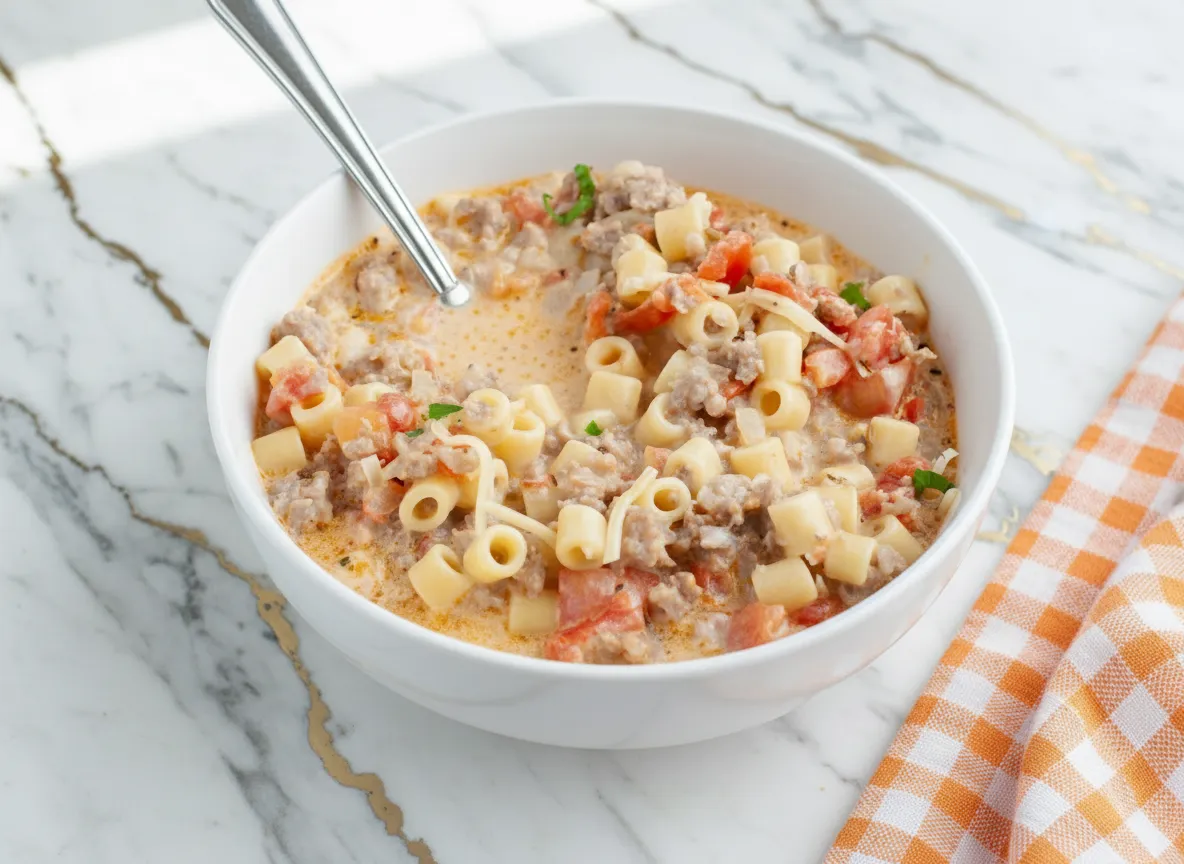 Bowl of creamy parmesan italian sausage ditalini soup with pasta, sausage pieces, and melted cheese in rich broth