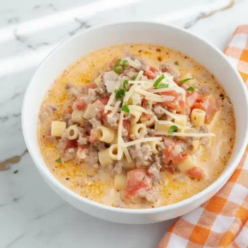 Bowl of creamy parmesan italian sausage ditalini soup with pasta, sausage pieces, and melted cheese in rich broth