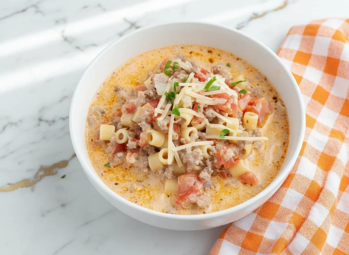 Bowl of creamy parmesan italian sausage ditalini soup with pasta, sausage pieces, and melted cheese in rich broth