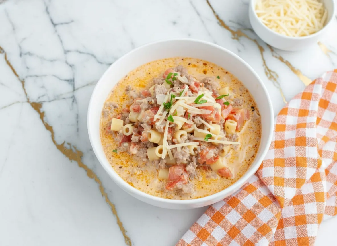 Bowl of creamy parmesan italian sausage ditalini soup with pasta, sausage pieces, and melted cheese in rich broth