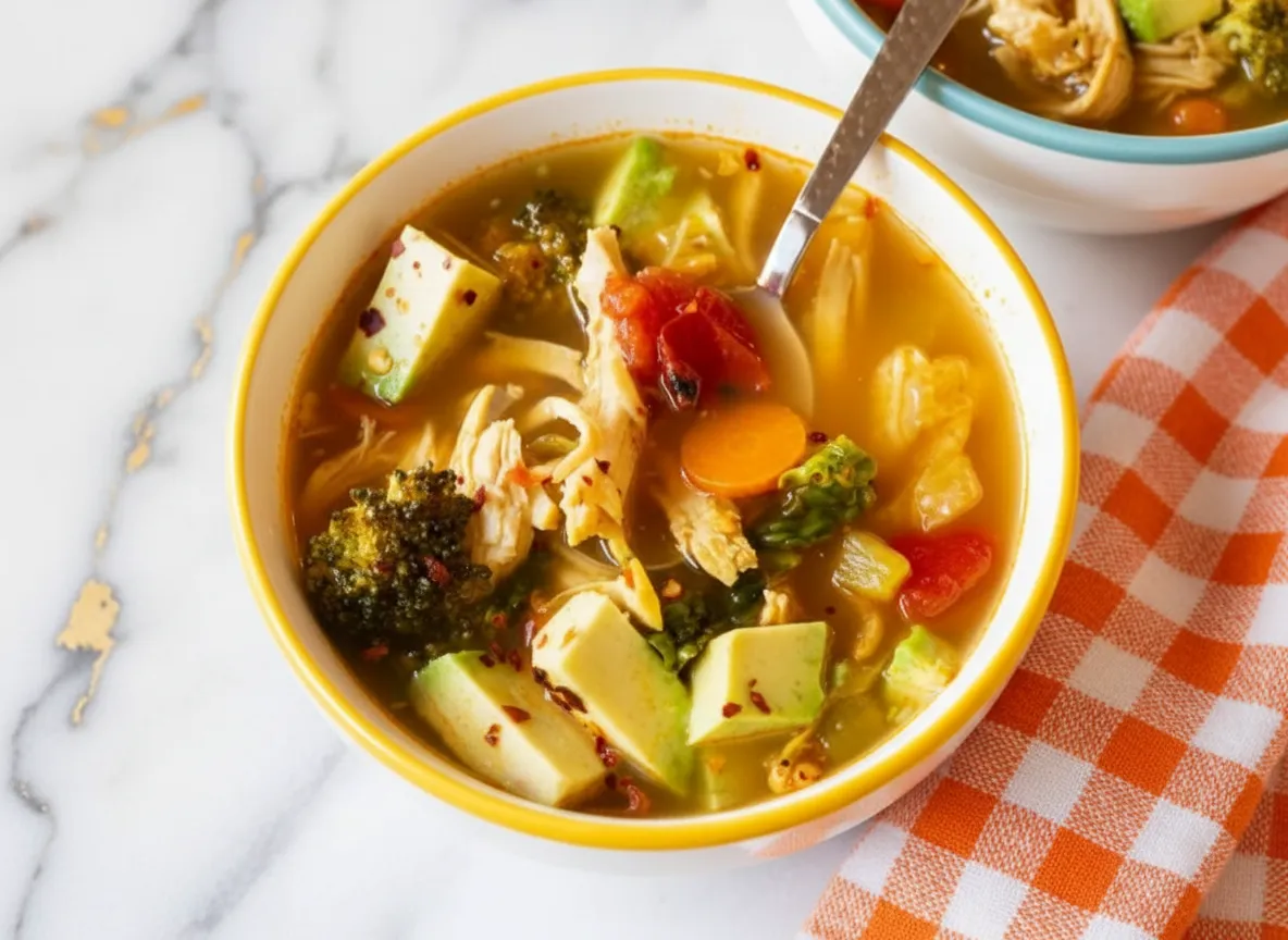 Detox southwest chicken soup with colorful peppers, corn, black beans, and tender chicken in a vibrant broth