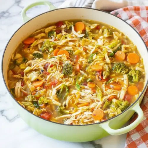 Detox southwest chicken soup with colorful peppers, corn, black beans, and tender chicken in a vibrant broth