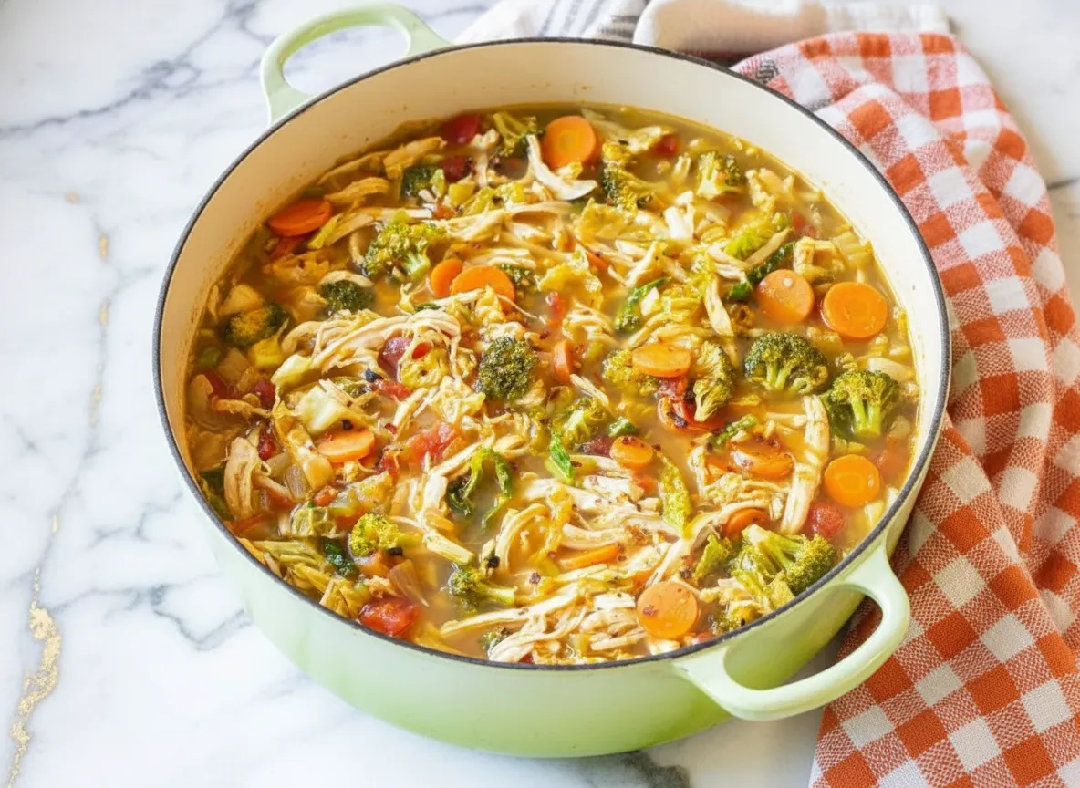 Detox southwest chicken soup with colorful peppers, corn, black beans, and tender chicken in a vibrant broth