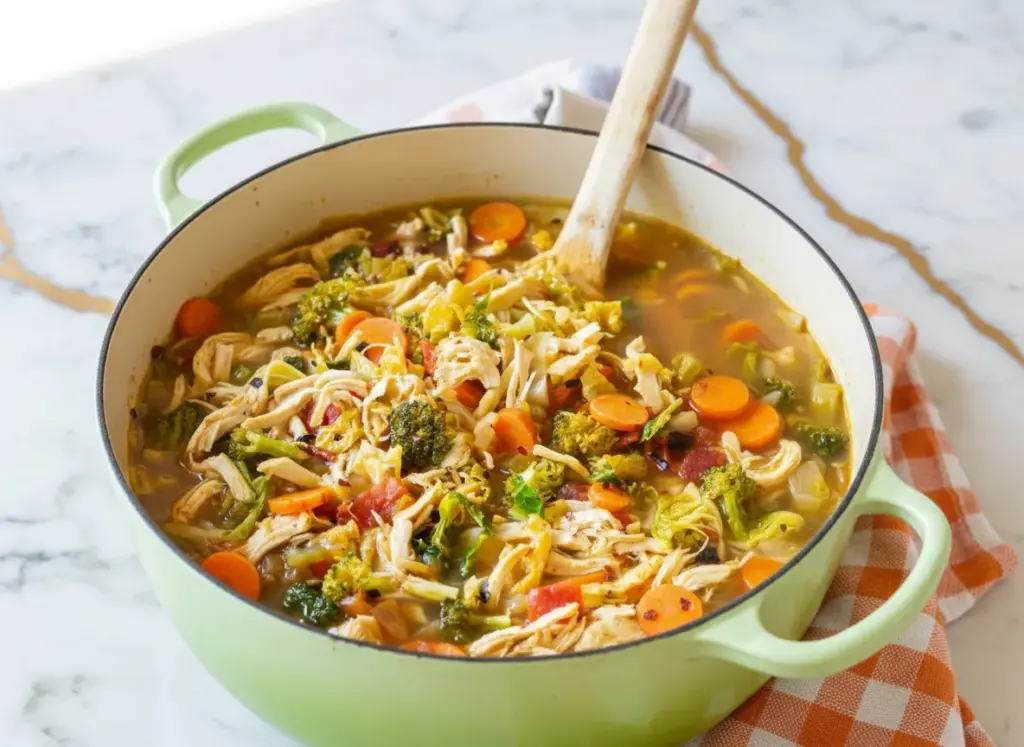 Detox southwest chicken soup with colorful peppers, corn, black beans, and tender chicken in a vibrant broth