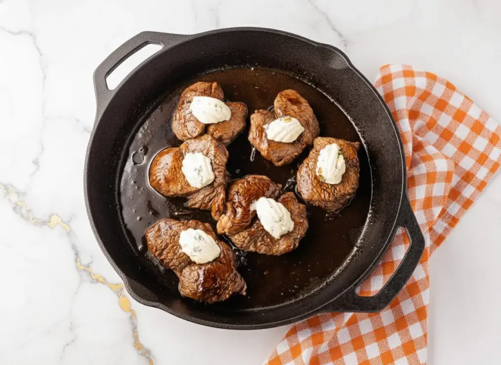 Seared filet medallions on a white plate with herb butter and roasted vegetables