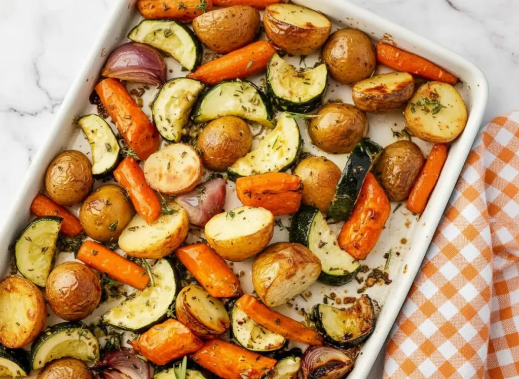 Garlic herb roasted potatoes carrots and zucchini arranged on a baking sheet with golden brown edges and fresh herbs
