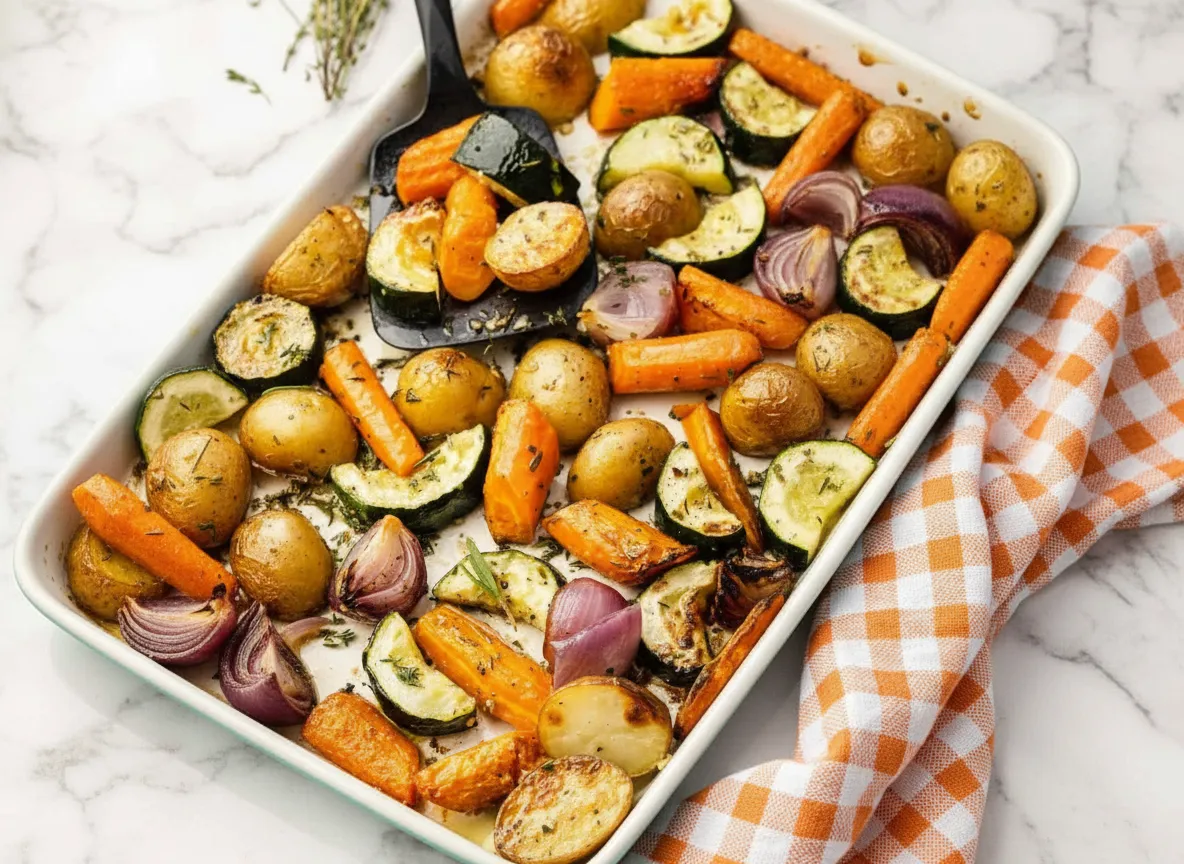 Garlic herb roasted potatoes carrots and zucchini arranged on a baking sheet with golden brown edges and fresh herbs