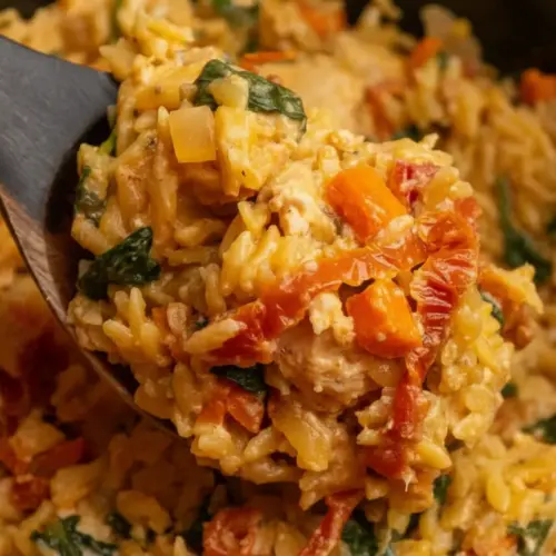 Marry me chicken orzo crock pot with creamy sauce, tender chicken, and fresh herbs in a white ceramic bowl