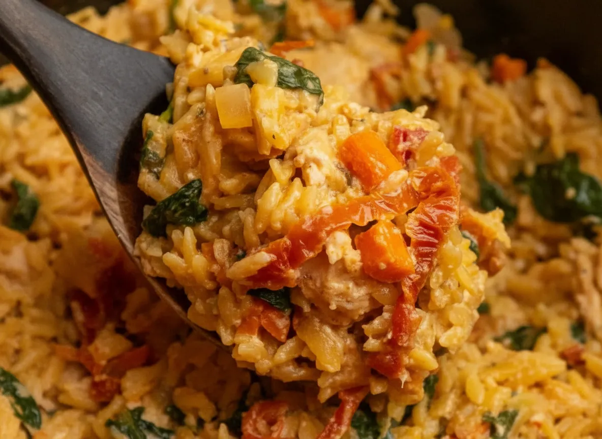 Marry me chicken orzo crock pot with creamy sauce, tender chicken, and fresh herbs in a white ceramic bowl