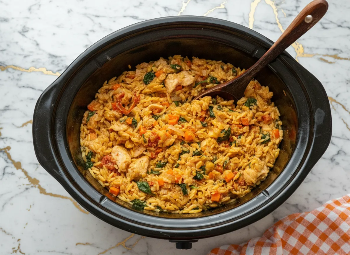 Marry me chicken orzo crock pot with creamy sauce, tender chicken, and fresh herbs in a white ceramic bowl