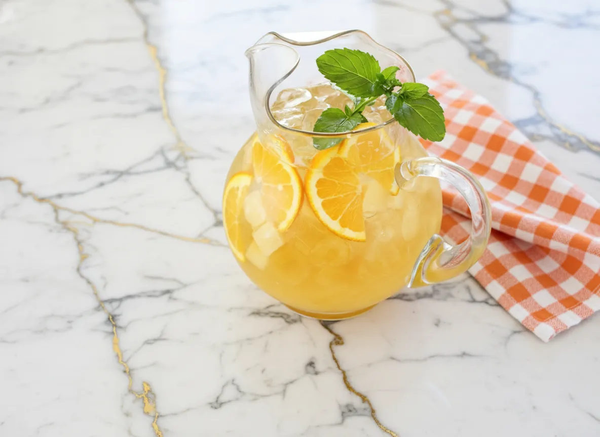 Snowy pineapple punch served in a glass pitcher with ice and fresh pineapple garnish